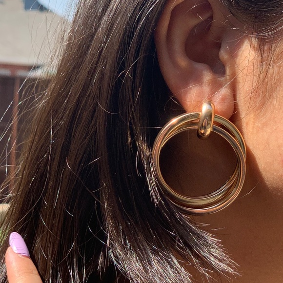 Gold Double Circle Drop Earrings - Picture 4 of 7